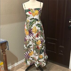 FARM Rio White Tropical Maxi Dress with Yellow, Green & Purple Print